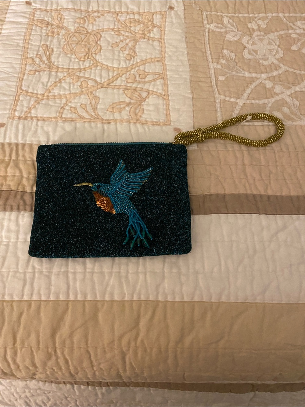 Vintage Teal Beaded Clutch with Embroidered Hummingbird